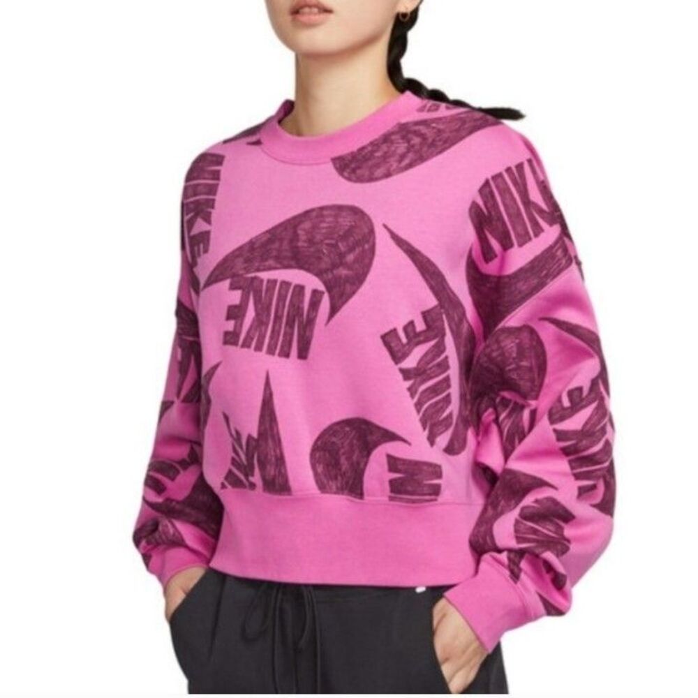 Nike Women's Icon Clash Fleece Crew Sweatshirt All Over Print "Hand Drawn" Logo